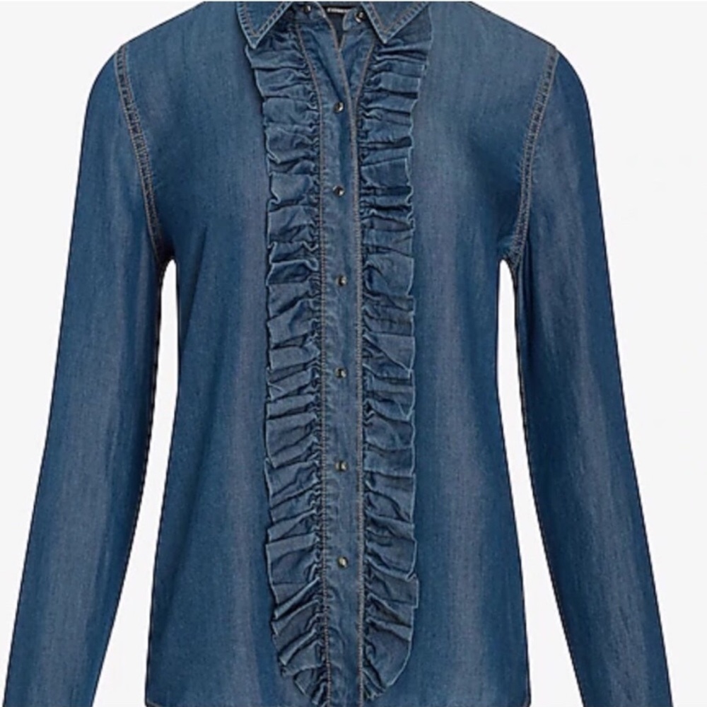 Express Extremely Soft Jean Ruffled Blouse. Brand New Never Worn Snap Buttons - Picture 7 of 9